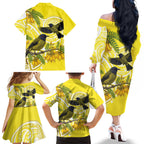 Bellbird New Zealand Family Matching Off The Shoulder Long Sleeve Dress and Hawaiian Shirt Korimako Kowhai Maori Pattern