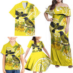 Bellbird New Zealand Family Matching Off Shoulder Maxi Dress and Hawaiian Shirt Korimako Kowhai Maori Pattern