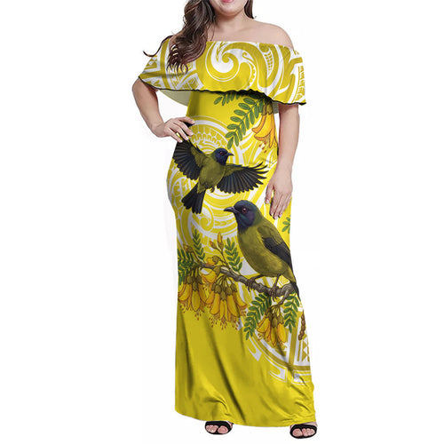 Bellbird New Zealand Family Matching Off Shoulder Maxi Dress and Hawaiian Shirt Korimako Kowhai Maori Pattern