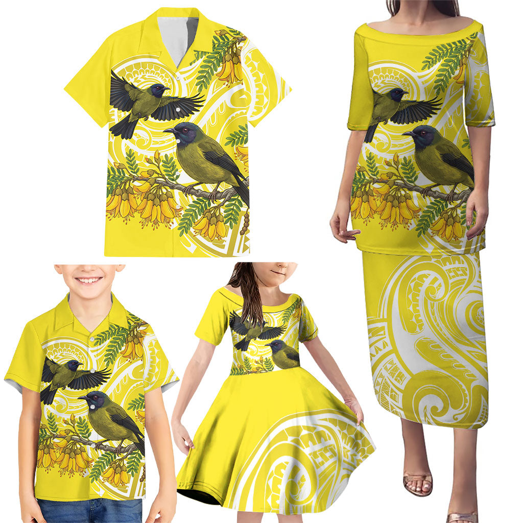 Bellbird New Zealand Family Matching Puletasi and Hawaiian Shirt Korimako Kowhai Maori Pattern