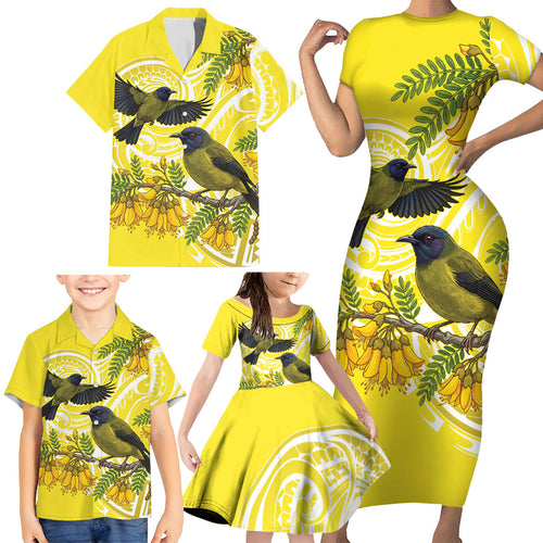 Bellbird New Zealand Family Matching Short Sleeve Bodycon Dress and Hawaiian Shirt Korimako Kowhai Maori Pattern