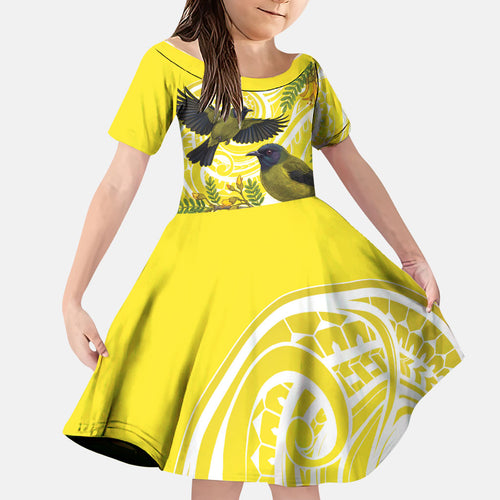 Bellbird New Zealand Family Matching Short Sleeve Bodycon Dress and Hawaiian Shirt Korimako Kowhai Maori Pattern