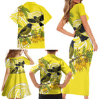 Bellbird New Zealand Family Matching Short Sleeve Bodycon Dress and Hawaiian Shirt Korimako Kowhai Maori Pattern