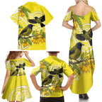 Bellbird New Zealand Family Matching Summer Maxi Dress and Hawaiian Shirt Korimako Kowhai Maori Pattern
