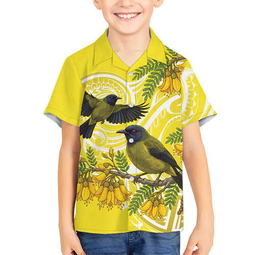Bellbird New Zealand Family Matching Summer Maxi Dress and Hawaiian Shirt Korimako Kowhai Maori Pattern