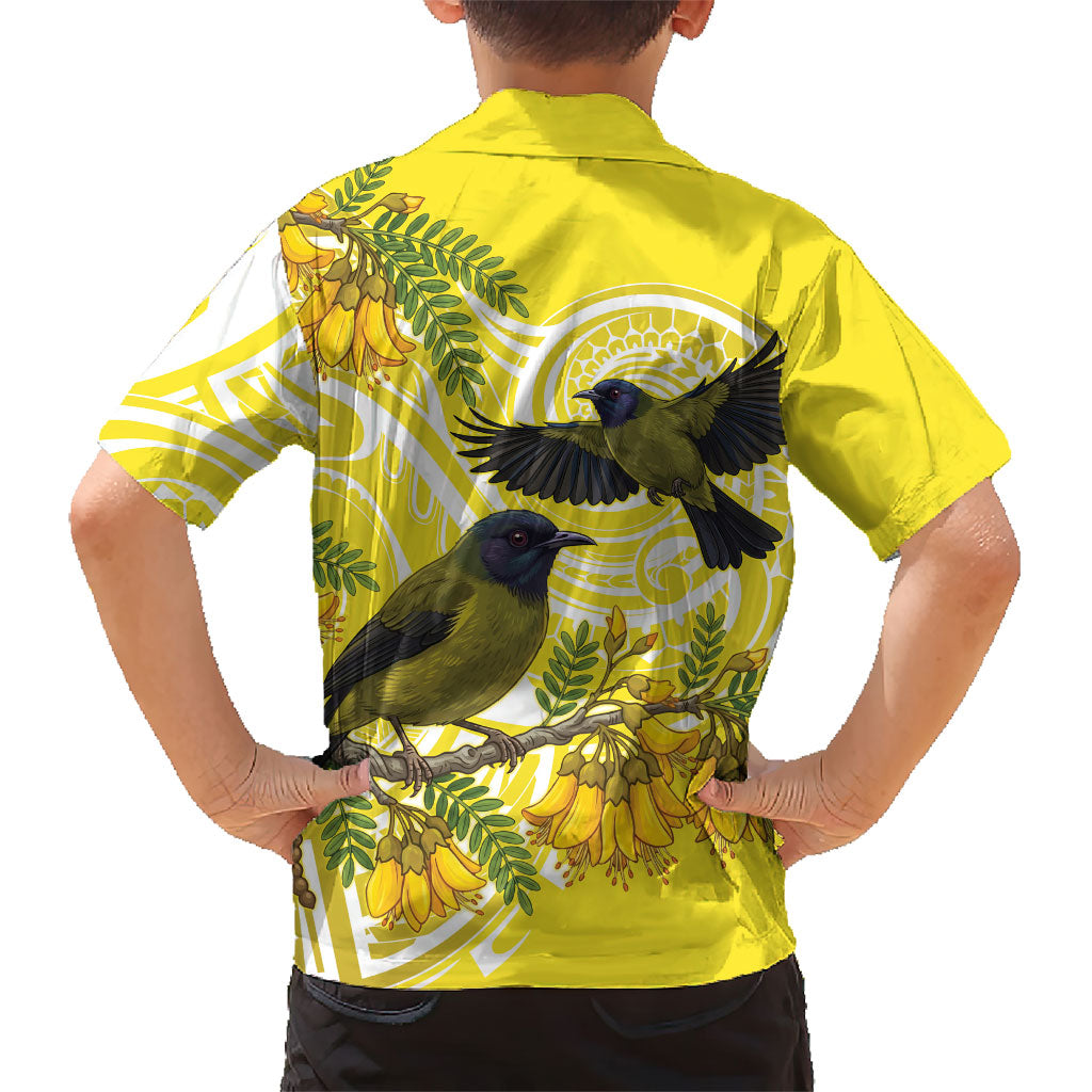 Bellbird New Zealand Family Matching Tank Maxi Dress and Hawaiian Shirt Korimako Kowhai Maori Pattern