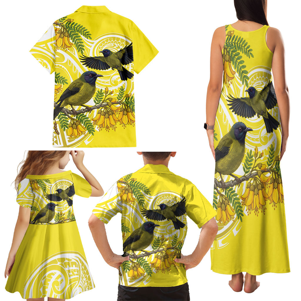 Bellbird New Zealand Family Matching Tank Maxi Dress and Hawaiian Shirt Korimako Kowhai Maori Pattern