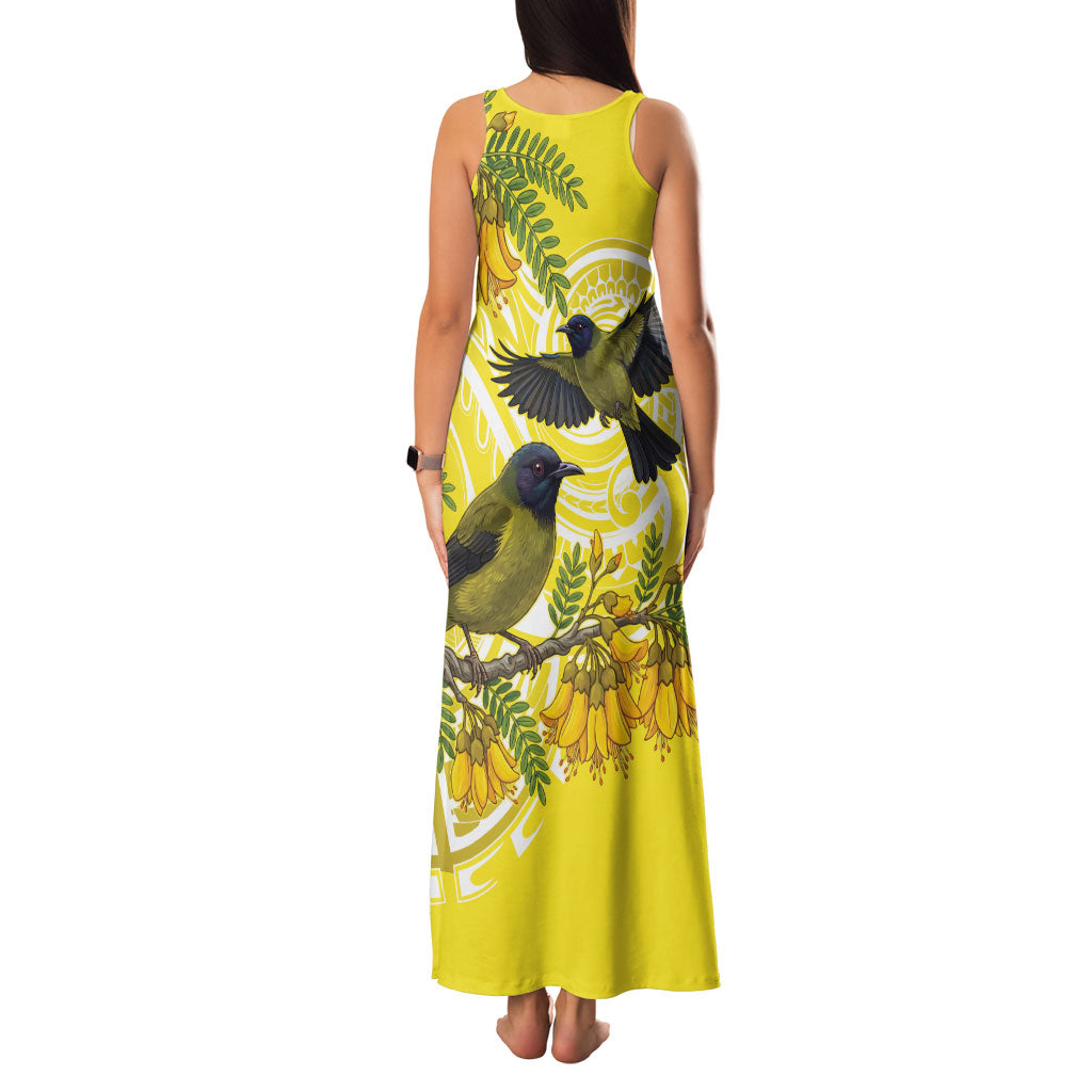 Bellbird New Zealand Family Matching Tank Maxi Dress and Hawaiian Shirt Korimako Kowhai Maori Pattern