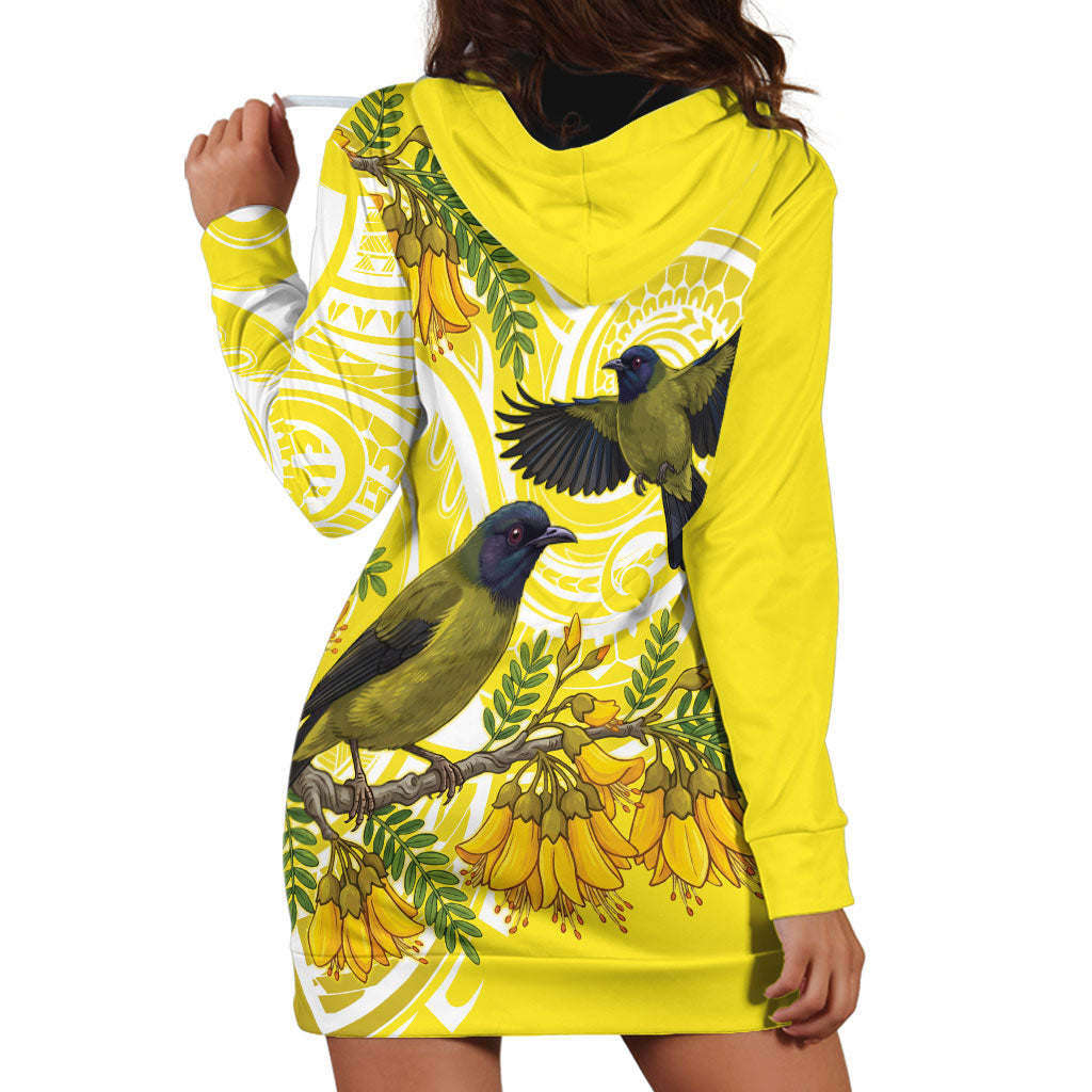 Bellbird New Zealand Hoodie Dress Korimako Kowhai Maori Pattern