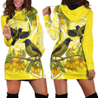 Bellbird New Zealand Hoodie Dress Korimako Kowhai Maori Pattern
