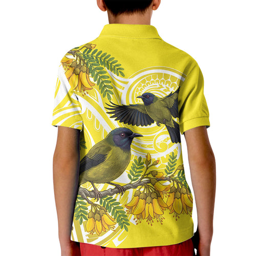 Bellbird New Zealand Kid Polo Shirt Korimako Kowhai Maori Pattern