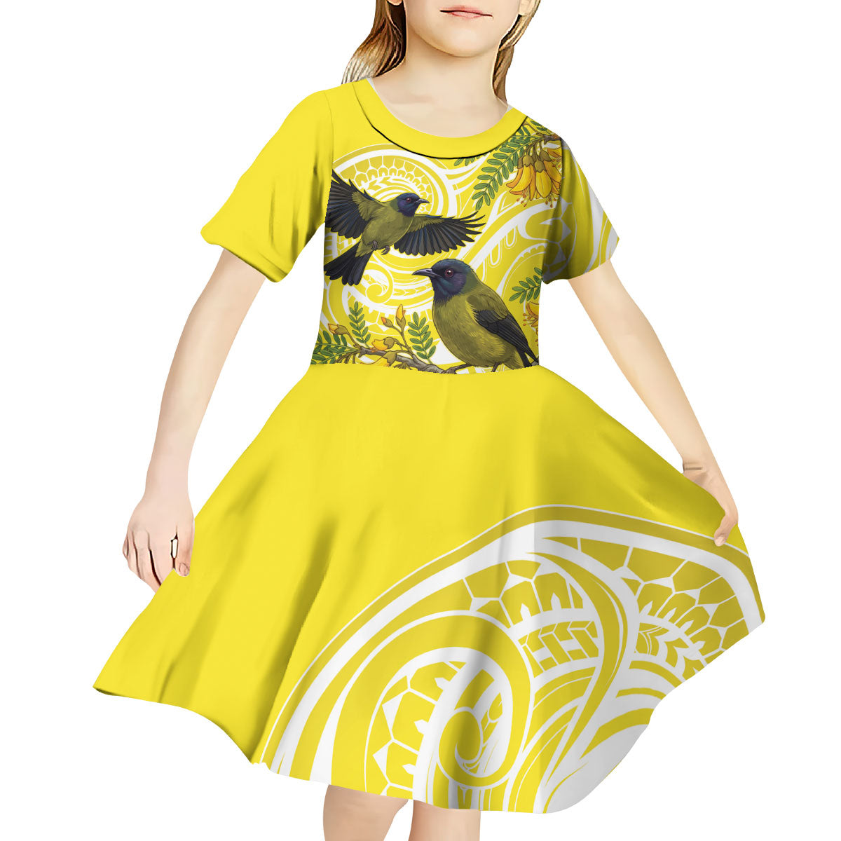 Bellbird New Zealand Kid Short Sleeve Dress Korimako Kowhai Maori Pattern