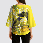Bellbird New Zealand Kimono Sleeve Blouse Korimako Kowhai Maori Pattern