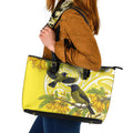 Bellbird New Zealand Leather Tote Bag Korimako Kowhai Maori Pattern