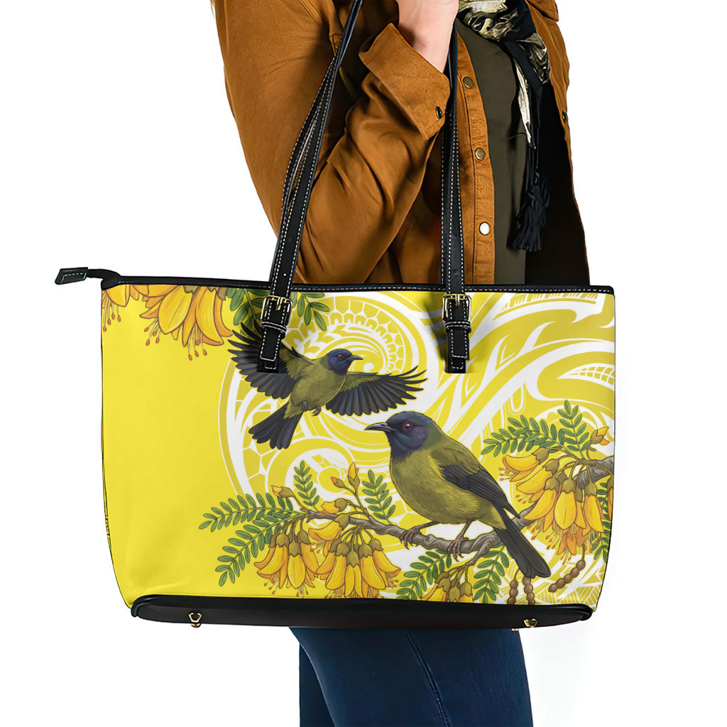 Bellbird New Zealand Leather Tote Bag Korimako Kowhai Maori Pattern
