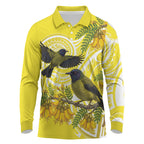 Bellbird New Zealand Long Sleeve Polo Shirt Korimako Kowhai Maori Pattern