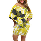 Bellbird New Zealand Off Shoulder Short Dress Korimako Kowhai Maori Pattern