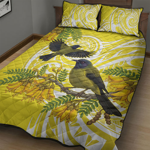 Bellbird New Zealand Quilt Bed Set Korimako Kowhai Maori Pattern