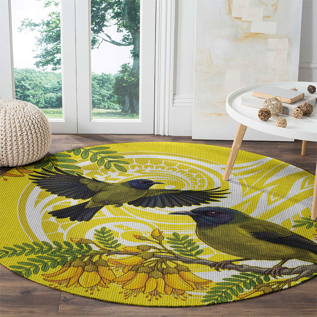 Bellbird New Zealand Round Carpet Korimako Kowhai Maori Pattern