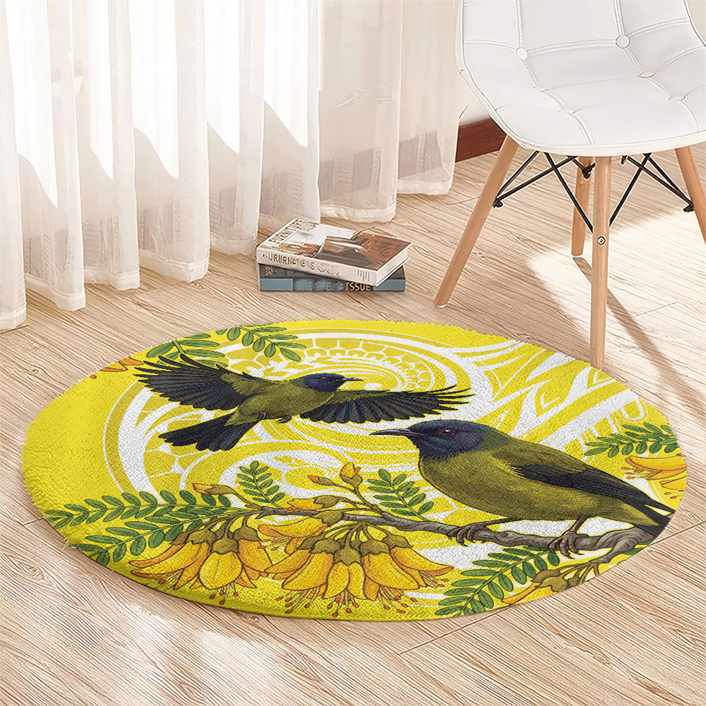Bellbird New Zealand Round Carpet Korimako Kowhai Maori Pattern