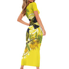 Bellbird New Zealand Short Sleeve Bodycon Dress Korimako Kowhai Maori Pattern