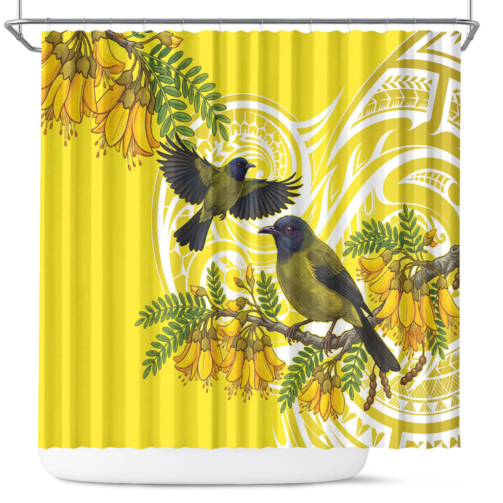 Bellbird New Zealand Shower Curtain Korimako Kowhai Maori Pattern
