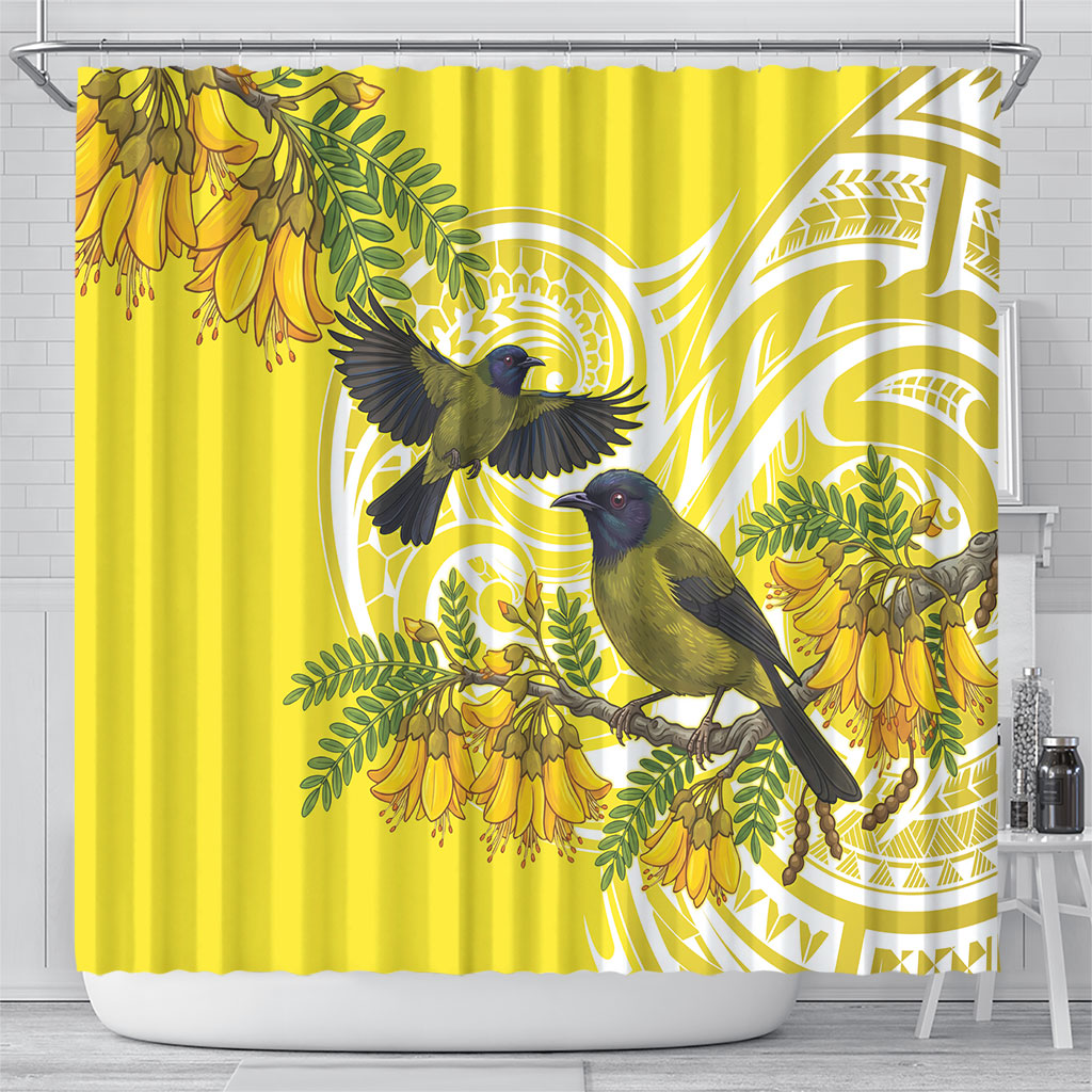 Bellbird New Zealand Shower Curtain Korimako Kowhai Maori Pattern