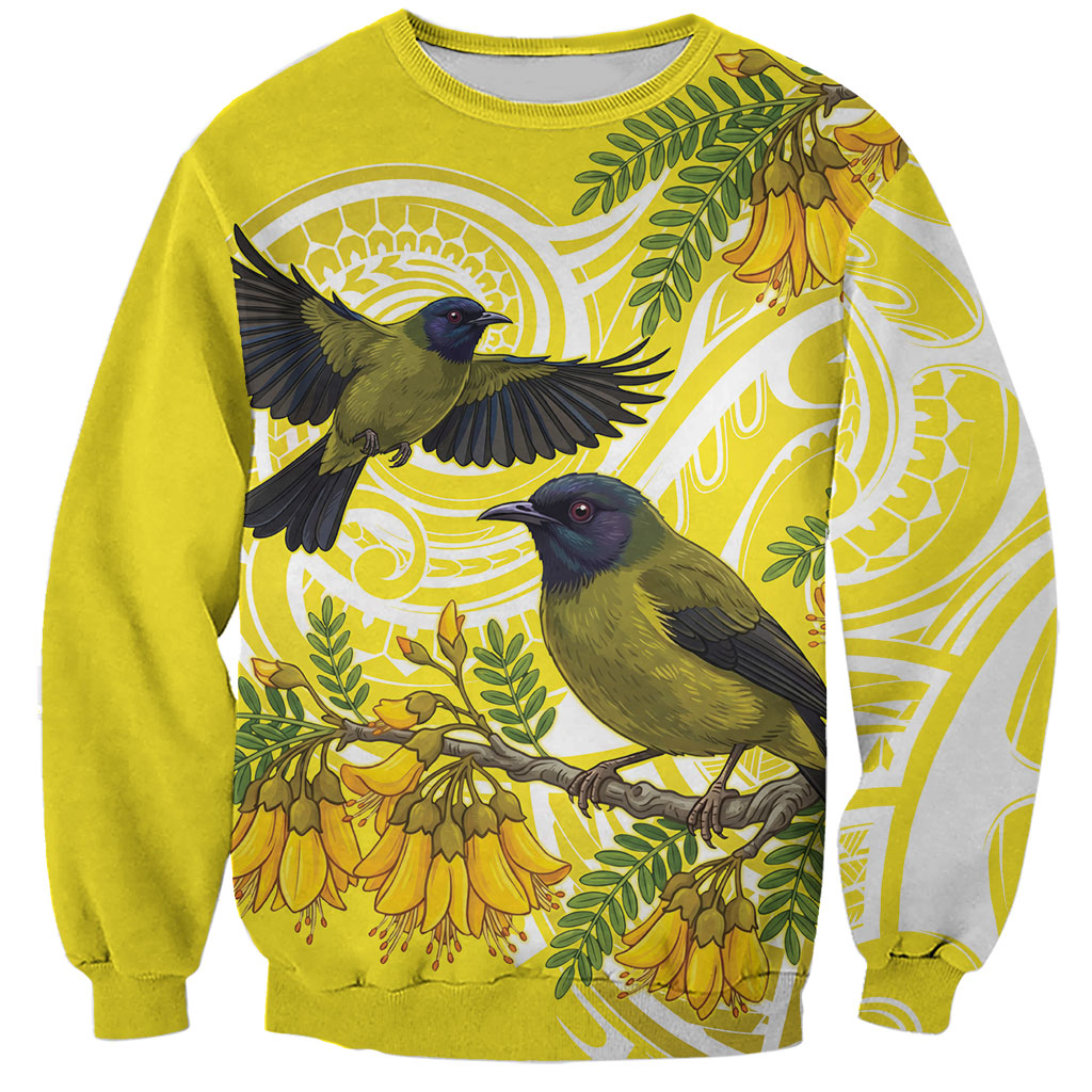 Bellbird New Zealand Sweatshirt Korimako Kowhai Maori Pattern