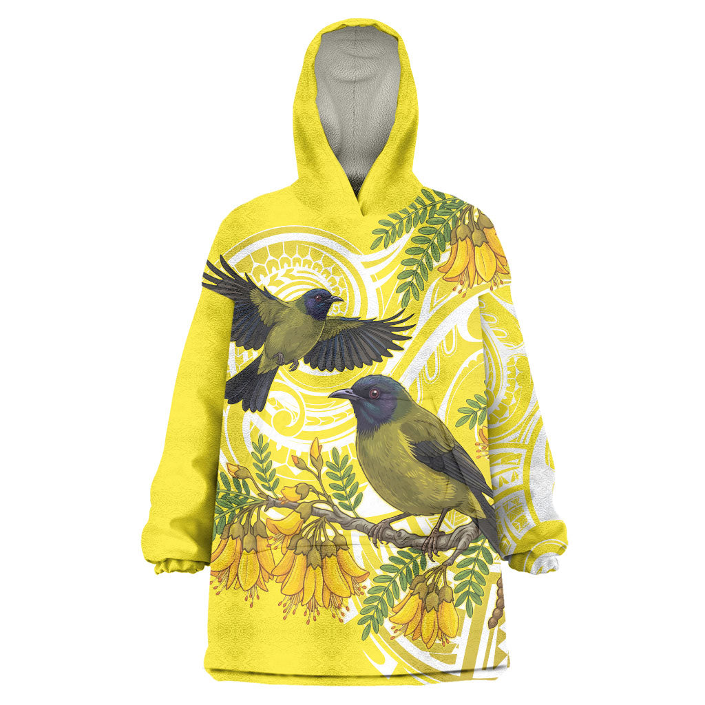 Bellbird New Zealand Wearable Blanket Hoodie Korimako Kowhai Maori Pattern