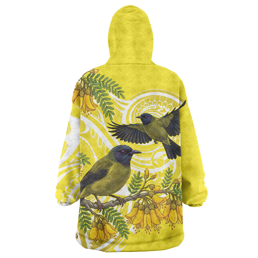 Bellbird New Zealand Wearable Blanket Hoodie Korimako Kowhai Maori Pattern