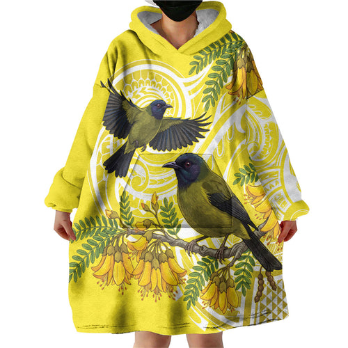 Bellbird New Zealand Wearable Blanket Hoodie Korimako Kowhai Maori Pattern