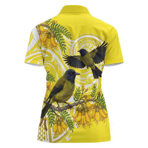 Bellbird New Zealand Women Polo Shirt Korimako Kowhai Maori Pattern