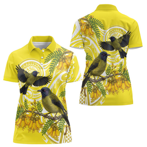 Bellbird New Zealand Women Polo Shirt Korimako Kowhai Maori Pattern