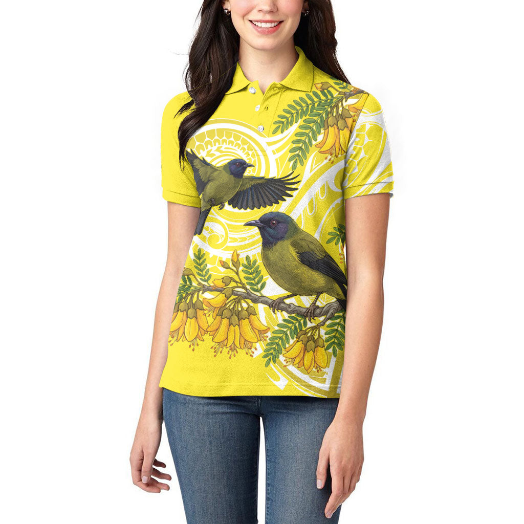 Bellbird New Zealand Women Polo Shirt Korimako Kowhai Maori Pattern