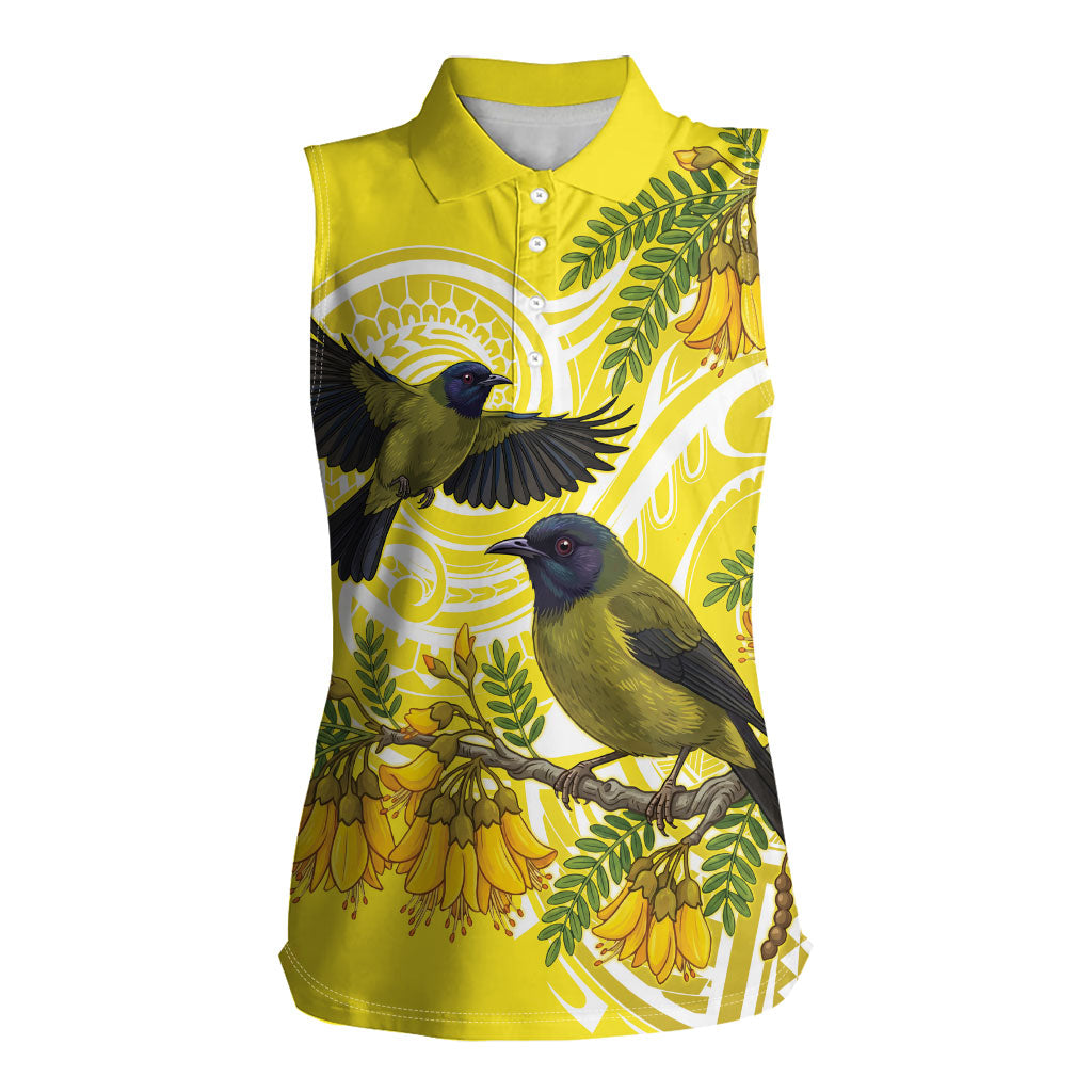 Bellbird New Zealand Women Sleeveless Polo Shirt Korimako Kowhai Maori Pattern