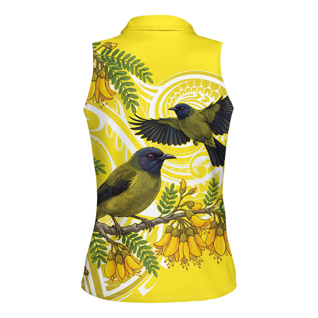 Bellbird New Zealand Women Sleeveless Polo Shirt Korimako Kowhai Maori Pattern