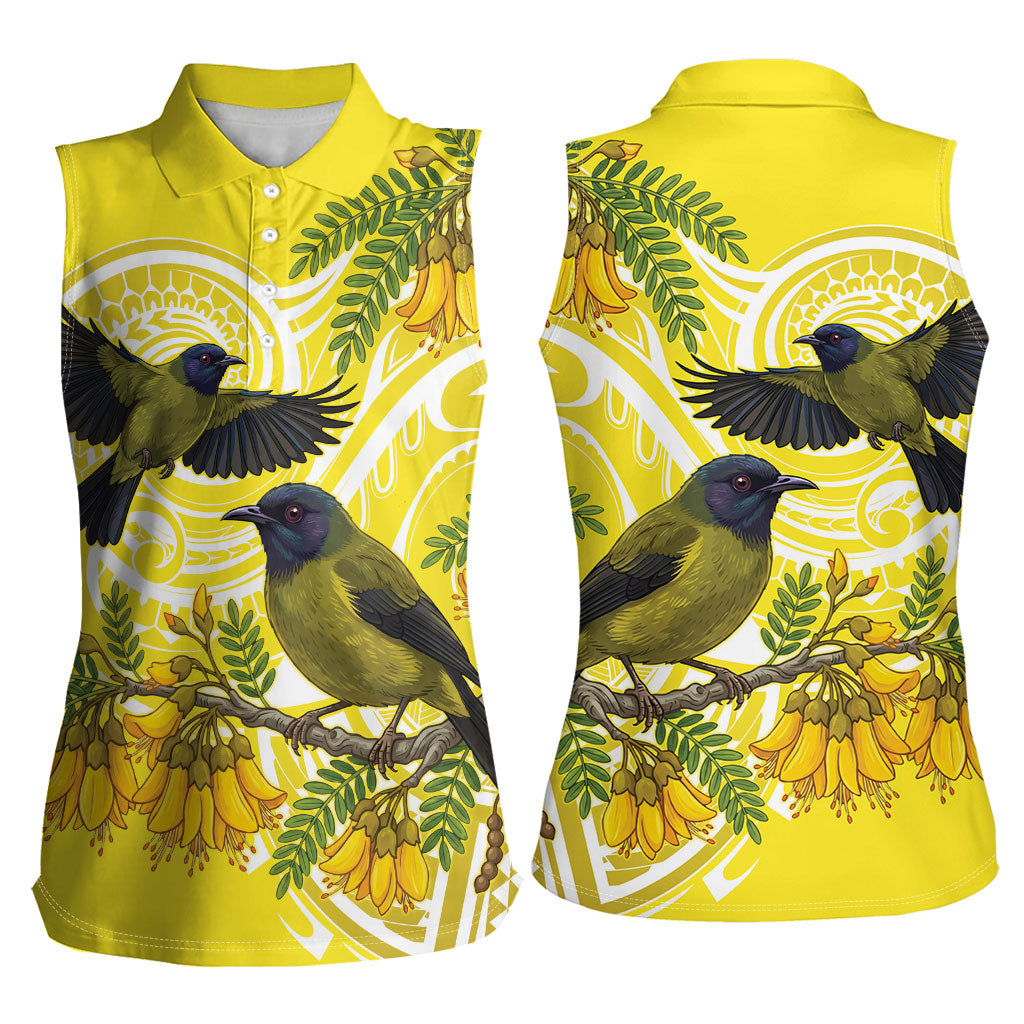 Bellbird New Zealand Women Sleeveless Polo Shirt Korimako Kowhai Maori Pattern