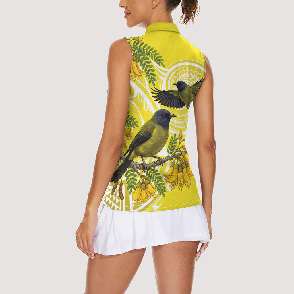 Bellbird New Zealand Women Sleeveless Polo Shirt Korimako Kowhai Maori Pattern