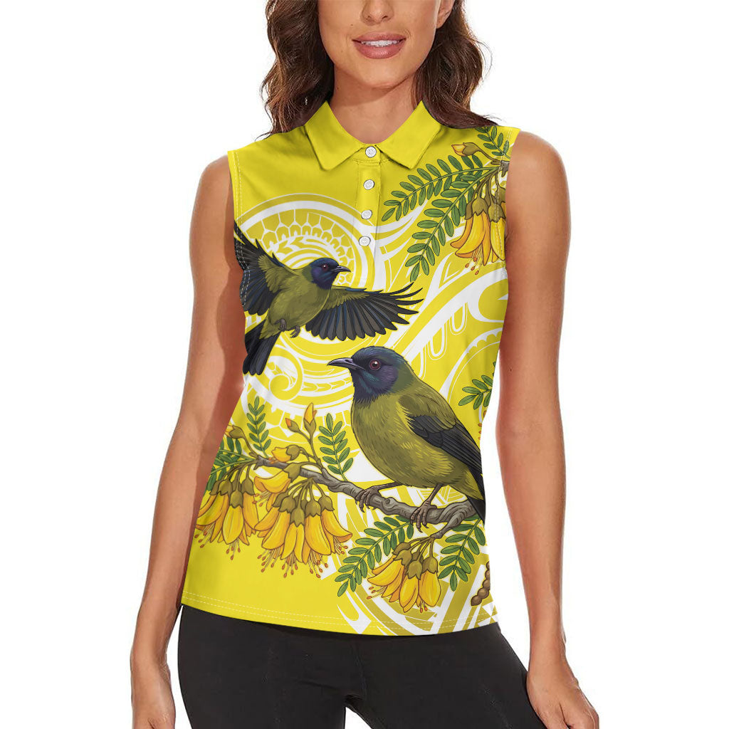 Bellbird New Zealand Women Sleeveless Polo Shirt Korimako Kowhai Maori Pattern