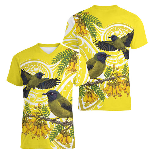 Bellbird New Zealand Women V-Neck T-Shirt Korimako Kowhai Maori Pattern
