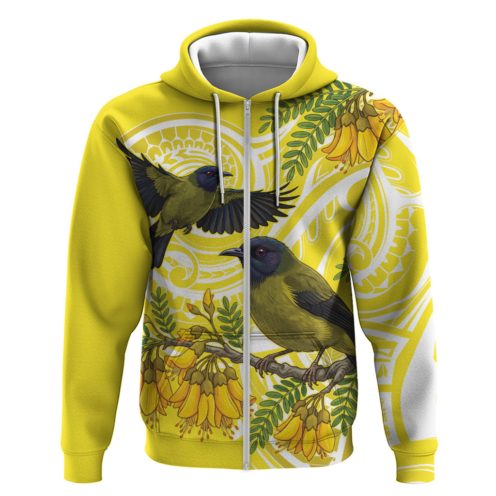Bellbird New Zealand Zip Hoodie Korimako Kowhai Maori Pattern