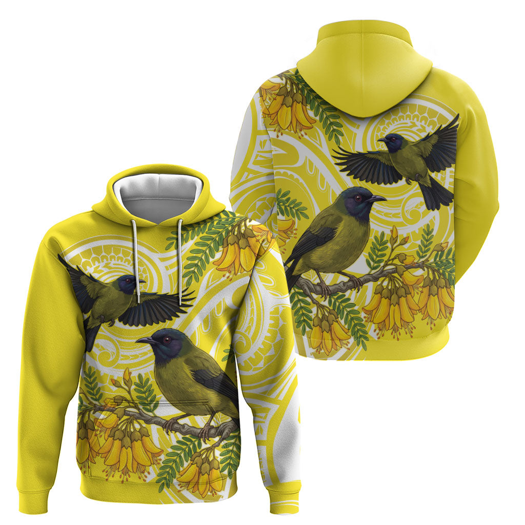 Bellbird New Zealand Zip Hoodie Korimako Kowhai Maori Pattern