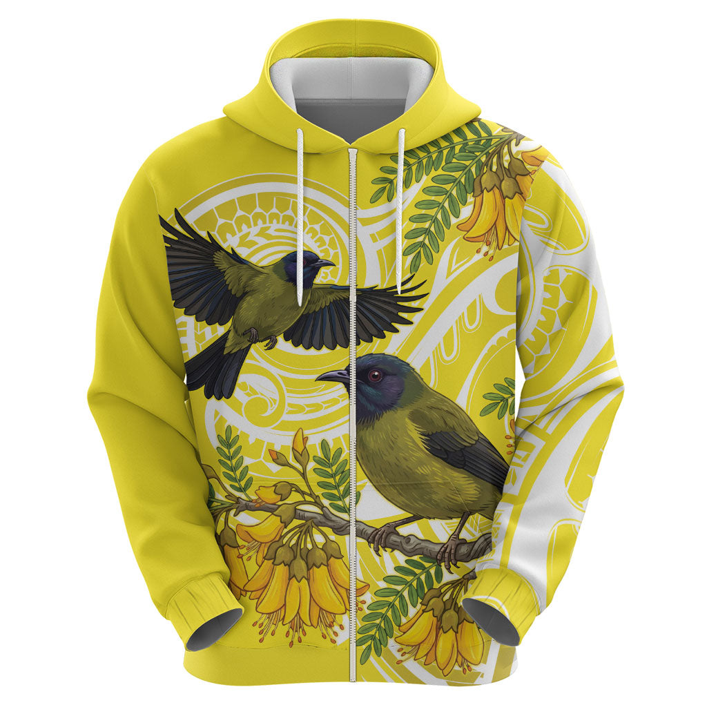 Bellbird New Zealand Zip Hoodie Korimako Kowhai Maori Pattern