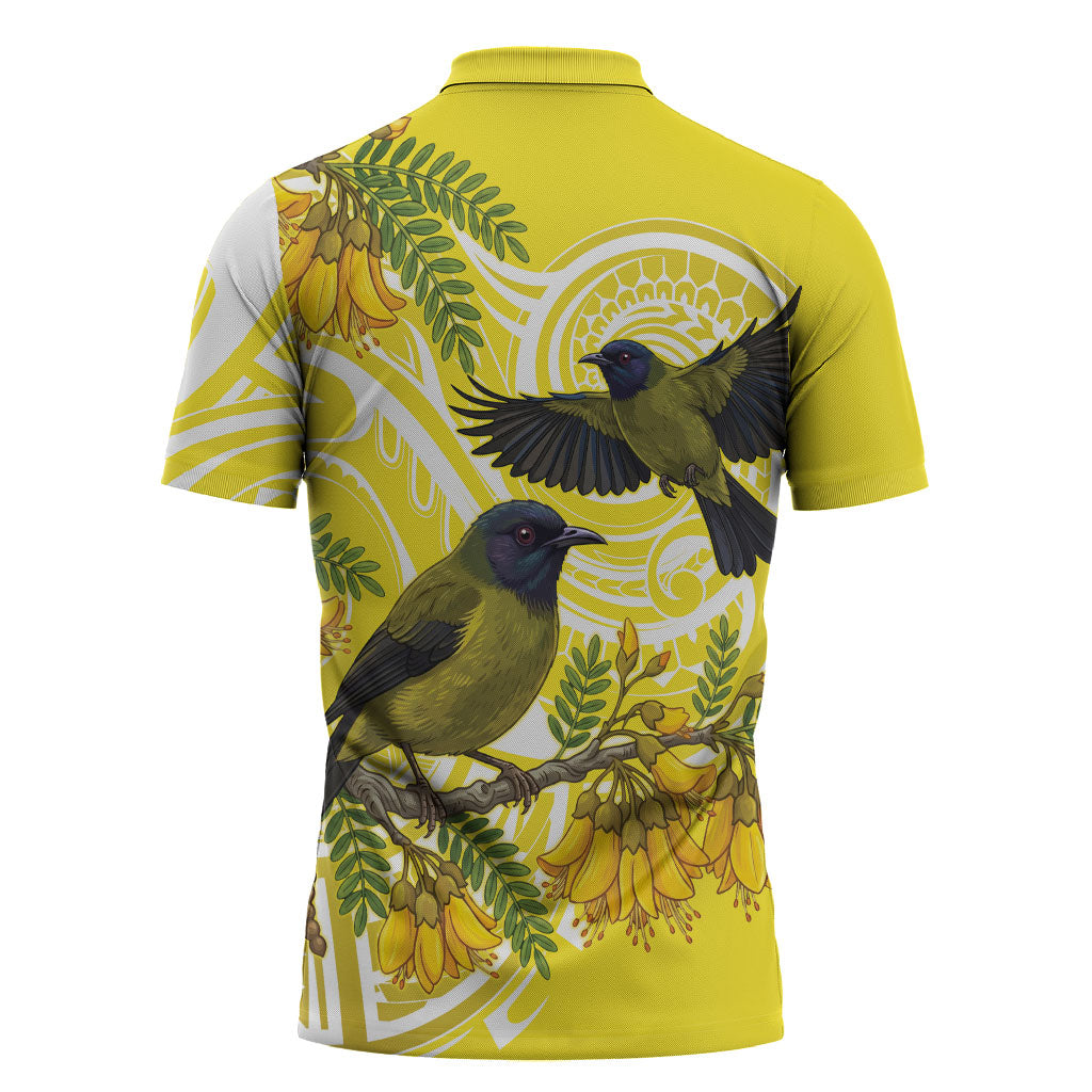 Bellbird New Zealand Zipper Polo Shirt Korimako Kowhai Maori Pattern