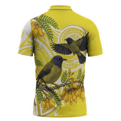 Bellbird New Zealand Zipper Polo Shirt Korimako Kowhai Maori Pattern