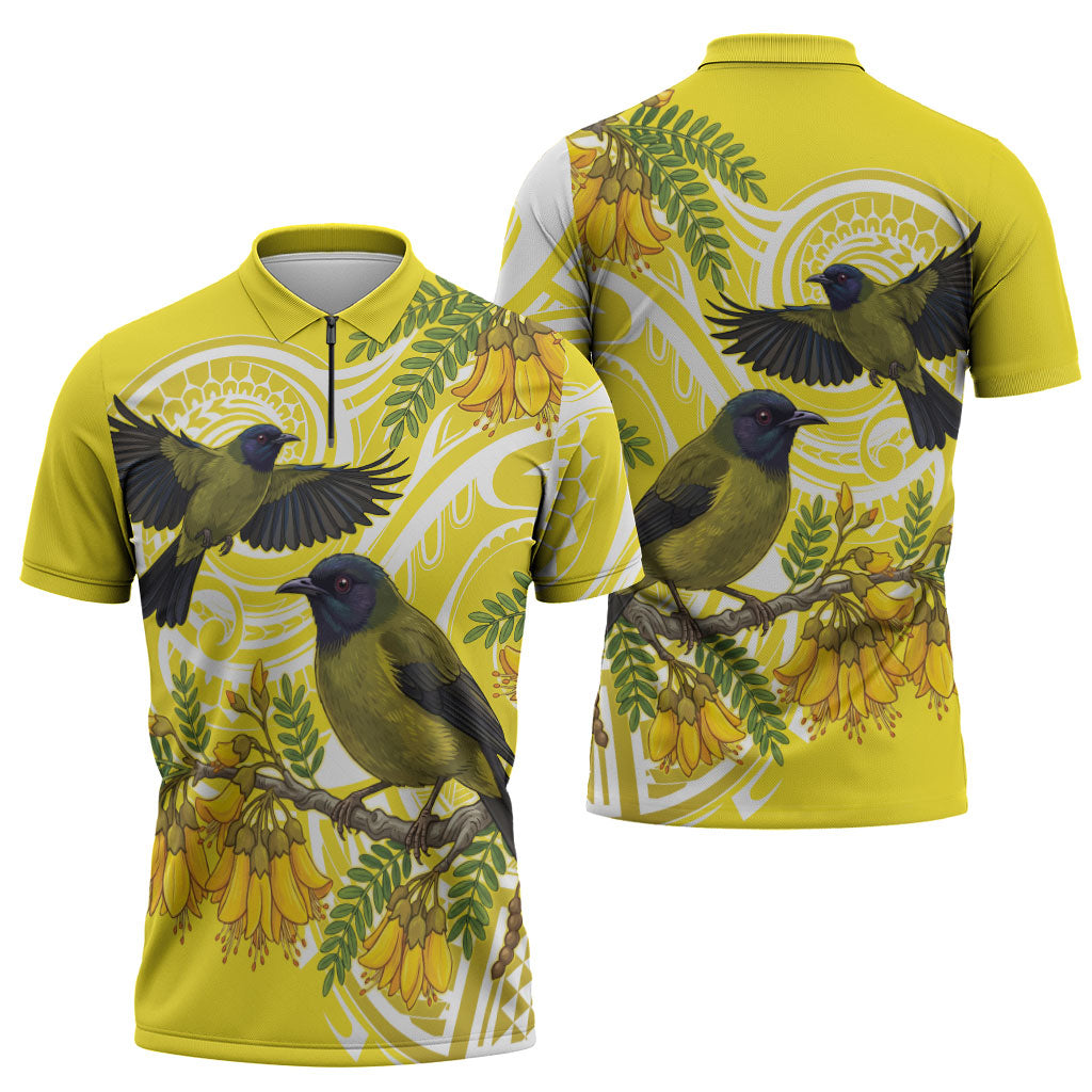 Bellbird New Zealand Zipper Polo Shirt Korimako Kowhai Maori Pattern
