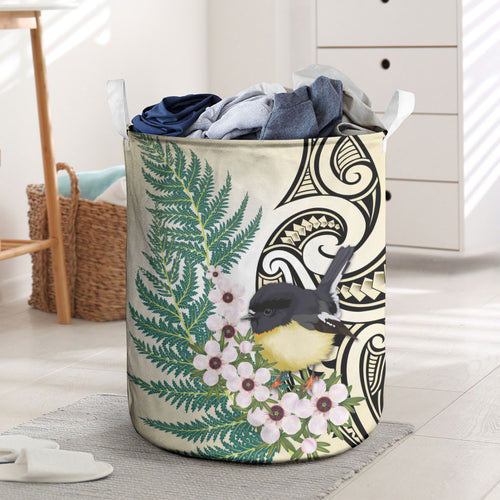 Endemic Tomtit New Zealand Laundry Basket Miromiro Manuka Silver Fern Maori Pattern