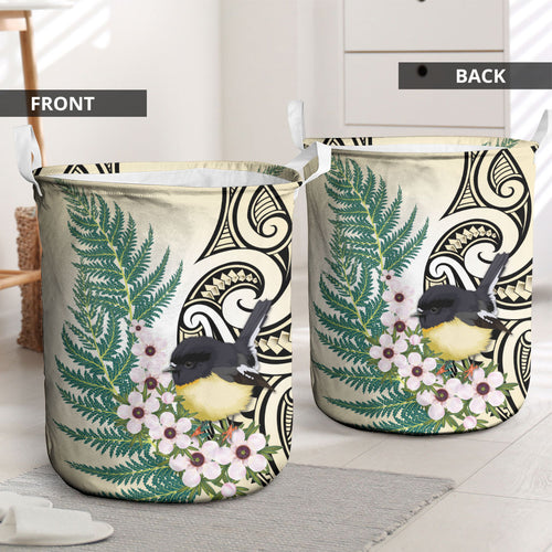 Endemic Tomtit New Zealand Laundry Basket Miromiro Manuka Silver Fern Maori Pattern