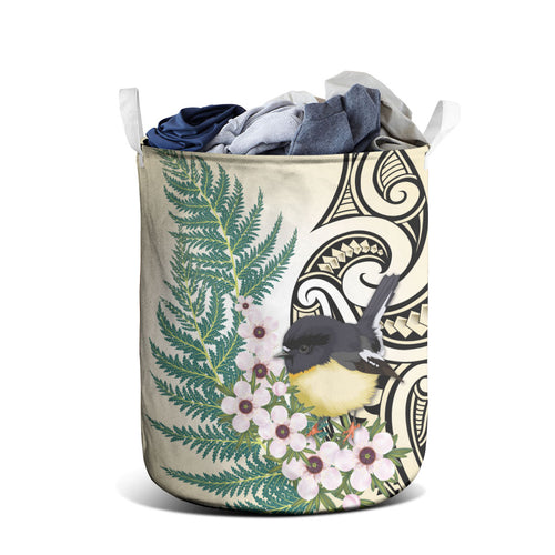 Endemic Tomtit New Zealand Laundry Basket Miromiro Manuka Silver Fern Maori Pattern