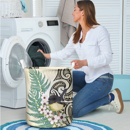 Endemic Tomtit New Zealand Laundry Basket Miromiro Manuka Silver Fern Maori Pattern